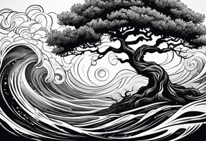 oak tree with phoenix  and roots growing around calming waves for forearm tattoo idea