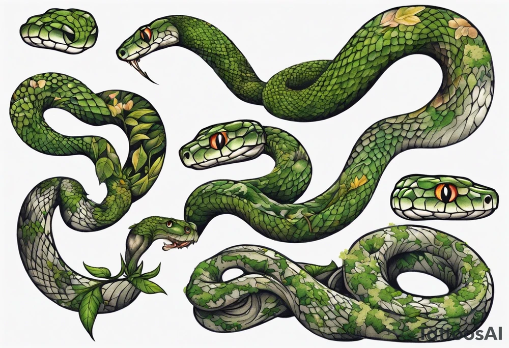 Snake covered in overgrown moss tattoo idea