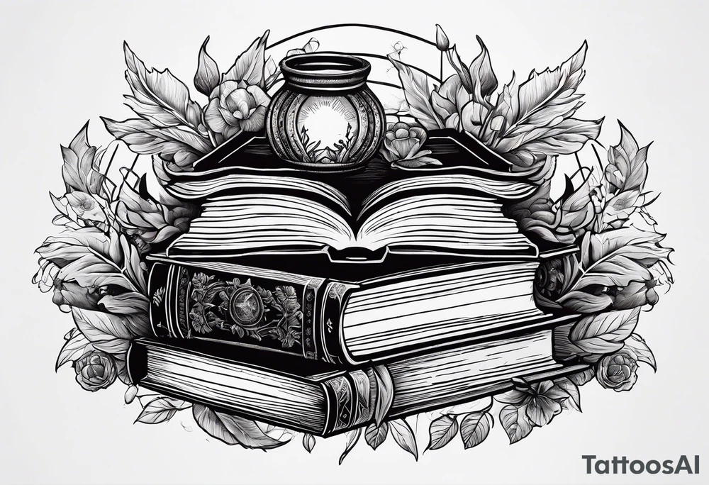 A stack of books with elements from Harry Potter, hunger games, the hobbit, pride and prejudice, twilight, and lord of the rings tattoo idea