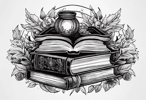 A stack of books with elements from Harry Potter, hunger games, the hobbit, pride and prejudice, twilight, and lord of the rings tattoo idea