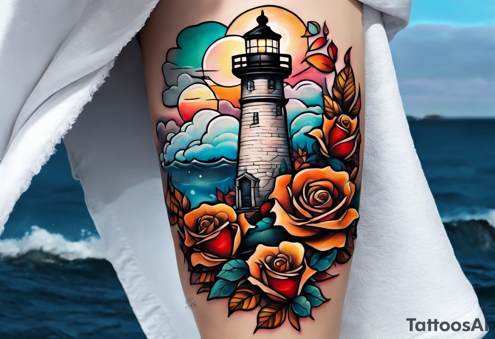 thigh placement in fall colors, showing, light house, water, rocks, sky, clouds, leaves, roses tattoo idea