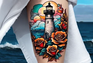 thigh placement in fall colors, showing, light house, water, rocks, sky, clouds, leaves, roses tattoo idea