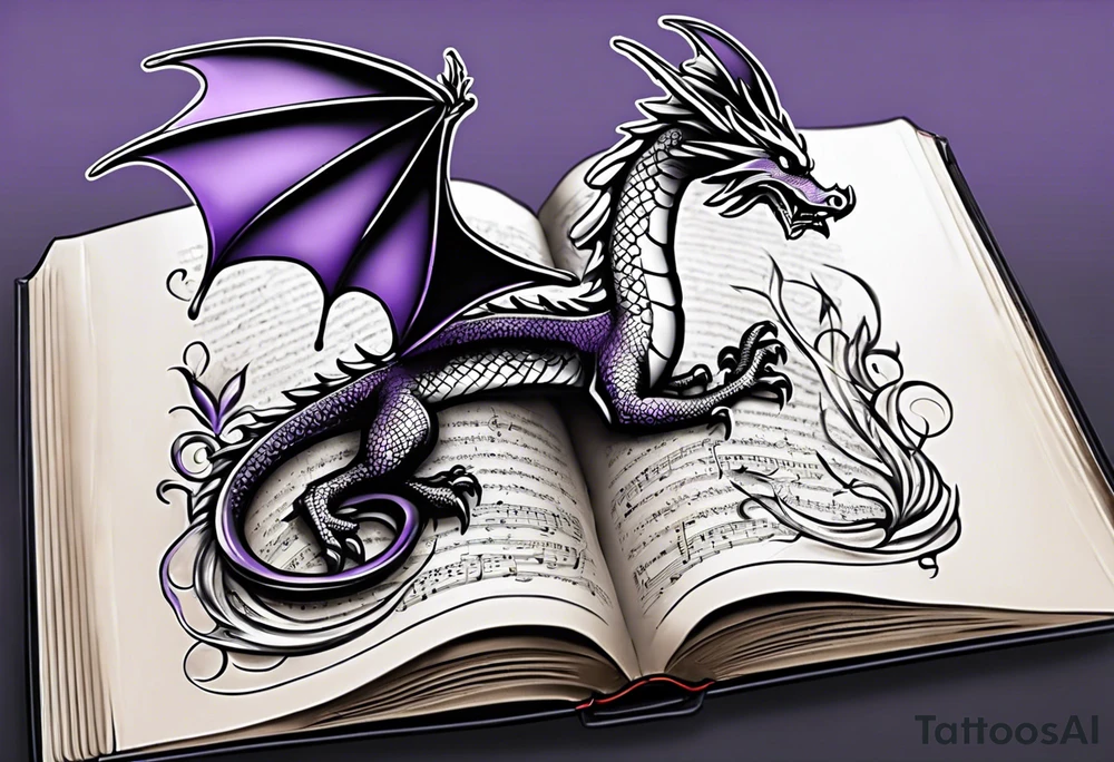 an open book with a small dragon flying over, a pawn piece to the right, a single music note and a lavender flower under the book tattoo idea