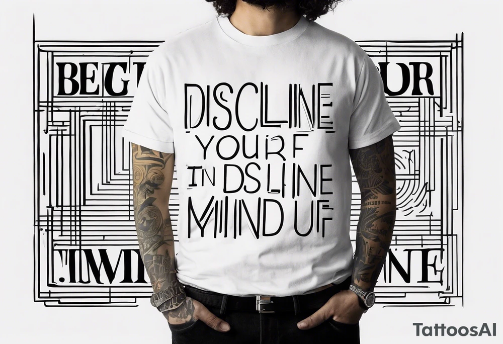 a bold text saying Discipline in the center of the screen with small other texts like "get out of your mind" and "your time is limited " and " be yourself"  also add geometric lines to it tattoo idea