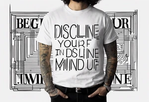 a bold text saying Discipline in the center of the screen with small other texts like "get out of your mind" and "your time is limited " and " be yourself"  also add geometric lines to it tattoo idea