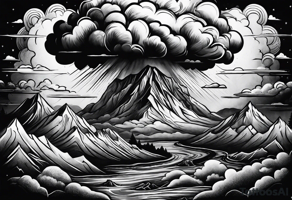 nuclear cloud exploding in mountains tattoo idea