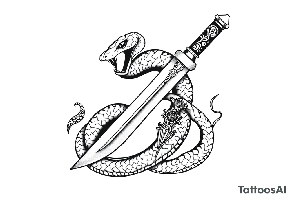 mystical snake coiled around an ancient dagger with jeweled hilt tattoo idea