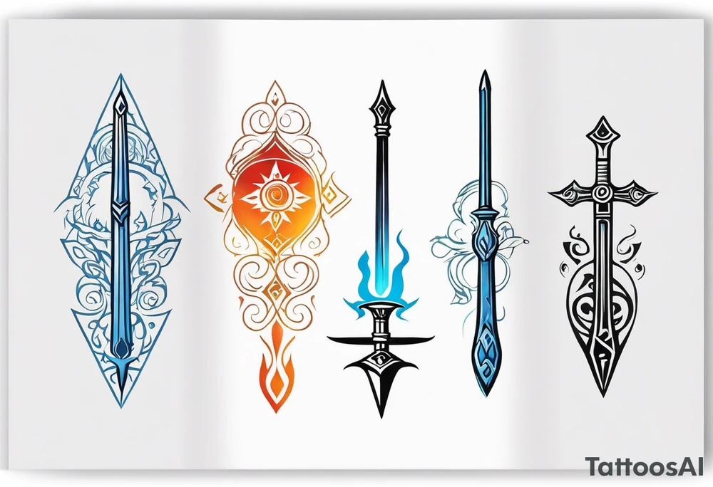 The Master Sword in a clean, minimalist style, with four elemental symbols elegantly arranged around it: fire, water, earth, and air tattoo idea