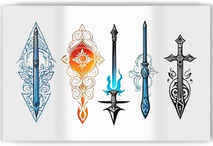 The Master Sword in a clean, minimalist style, with four elemental symbols elegantly arranged around it: fire, water, earth, and air tattoo idea