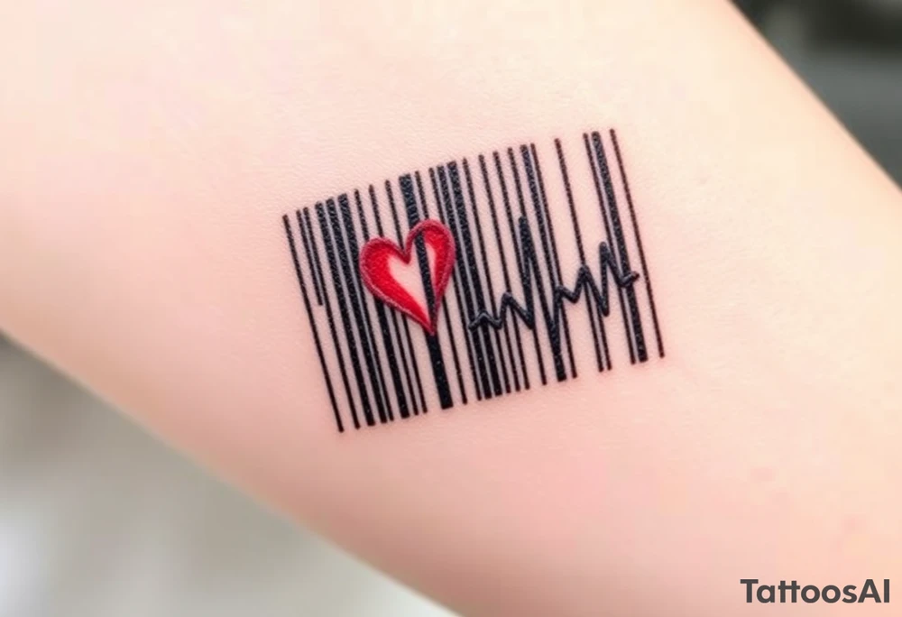 A barcode where one of the lines transitions into a heartbeat monitor pattern, symbolizing love that keeps beating strong tattoo idea