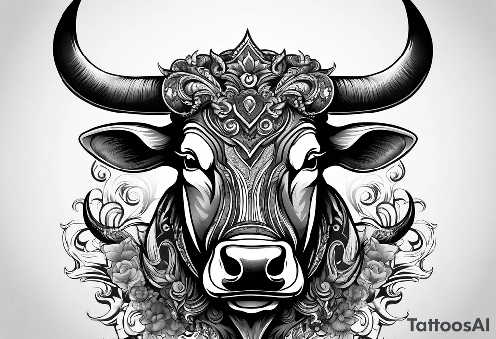 Evil, scary bull with horns surrounded by fill work for back tattoo tattoo idea