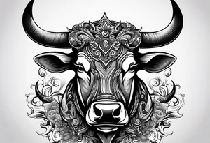 Evil, scary bull with horns surrounded by fill work for back tattoo tattoo idea