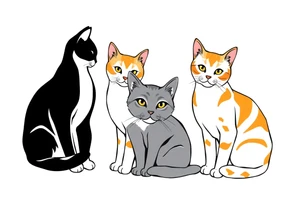 three cats, one black and white cat, one orange and white cat and one grey tabby cat tattoo idea