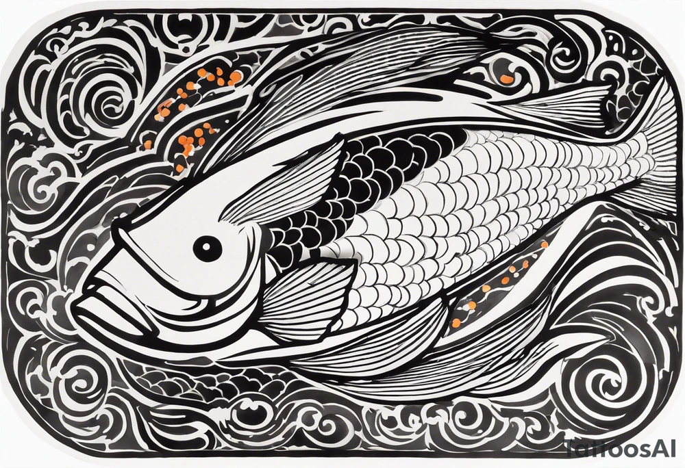A black-and-white silhouette of a koi fish in a calligraphy style, viewed from above. The fish is intricately outlined with sharp, fluid lines, emphasizing its graceful, curved body. The koi fish is depicted with bold black and white contrasts, with simple, abstract shapes indicating where orange would normally be, but left as stark black and white outlines. The splash of water and ink blobs surrounding the fish are represented by bold, sweeping black shapes, with intricate details, giving the illusion of movement. The dark surface beneath the fish is solid black, providing a stark contrast to the white fish and water splashes. The overall composition is clean, with strong contrasts and no gradients, capturing the elegant fluidity of the koi in a minimalist, high-contrast silhouette. tattoo idea
