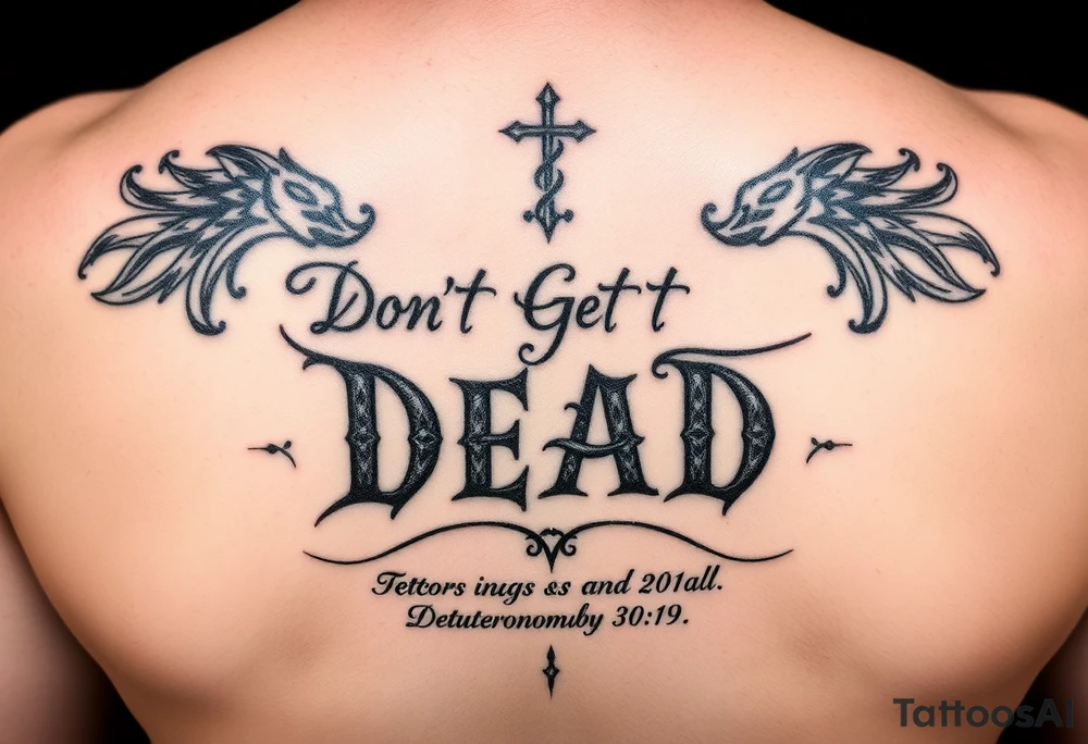 I want a cool design that includes the words “Don’t Get Dead” and includes the scripture reference Deuteronomy 30:19. Also I want something representing each of the 4 members of my family. tattoo idea