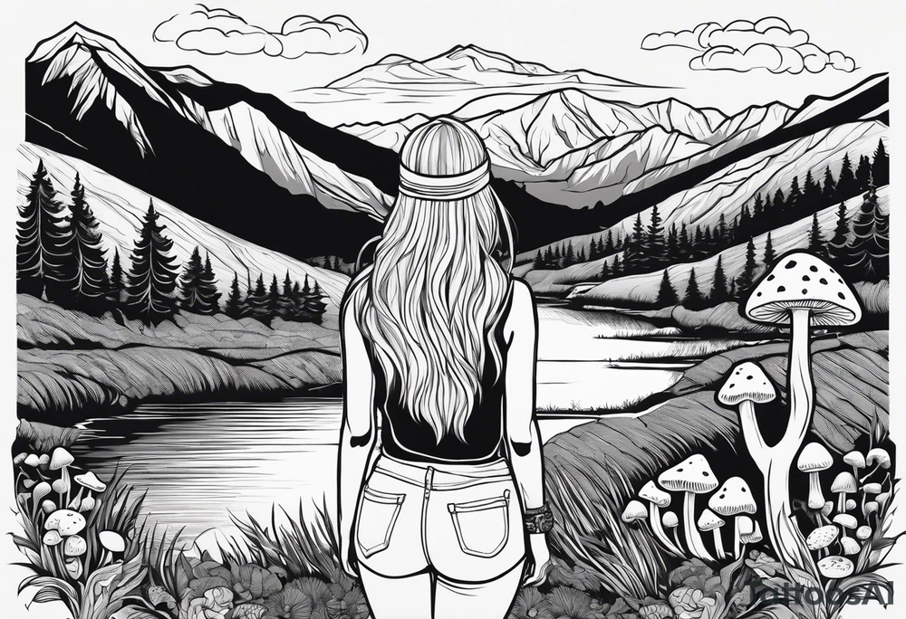 Straight long blonde hair hippie girl in distance holding mushrooms in hand facing away toward mountains and creek surrounded by mushrooms tee shirt and hiking pants tattoo idea