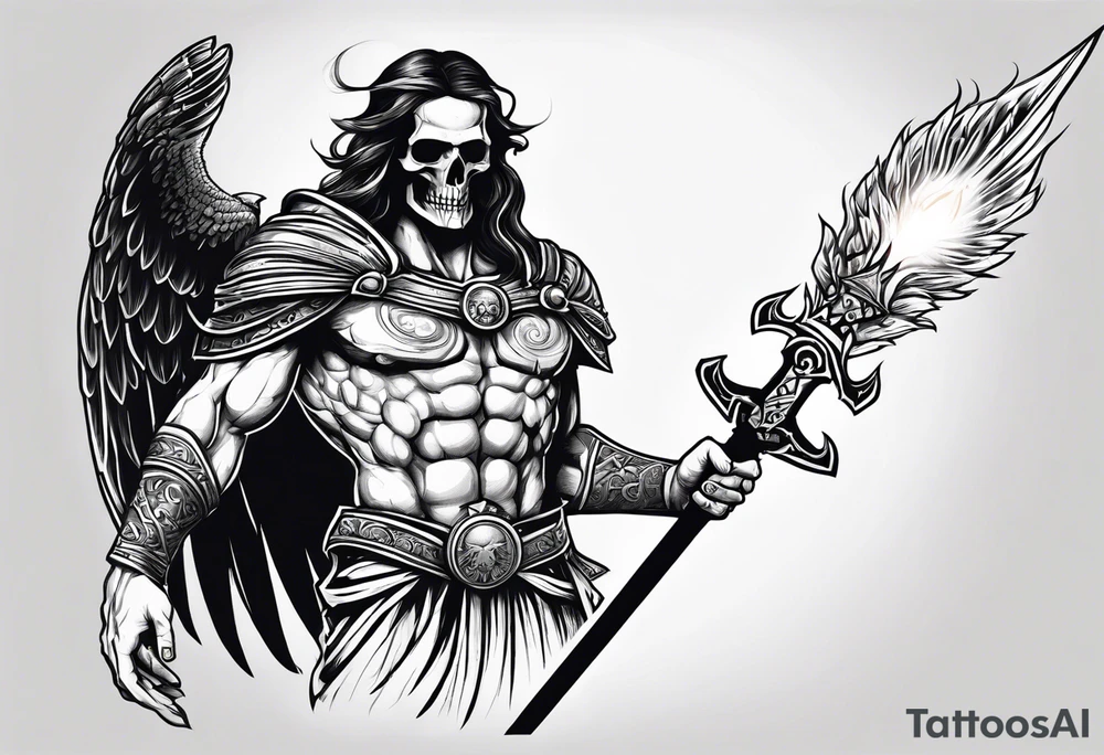 Thanatos, the greek god of death, holding a sword and a torch tattoo idea