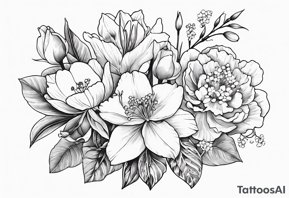 Bouquet 
with 1 snowdrop flower 2 carnations 1 rose 1 lily of the valley 1 daffodil 1 peony tattoo idea