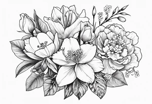 Bouquet 
with 1 snowdrop flower 2 carnations 1 rose 1 lily of the valley 1 daffodil 1 peony tattoo idea