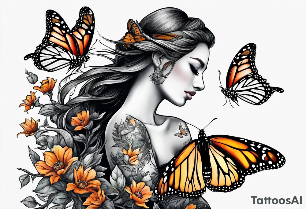 Female carindal sitting on a branch with a monarch butterfly flying tattoo idea