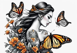 Female carindal sitting on a branch with a monarch butterfly flying tattoo idea