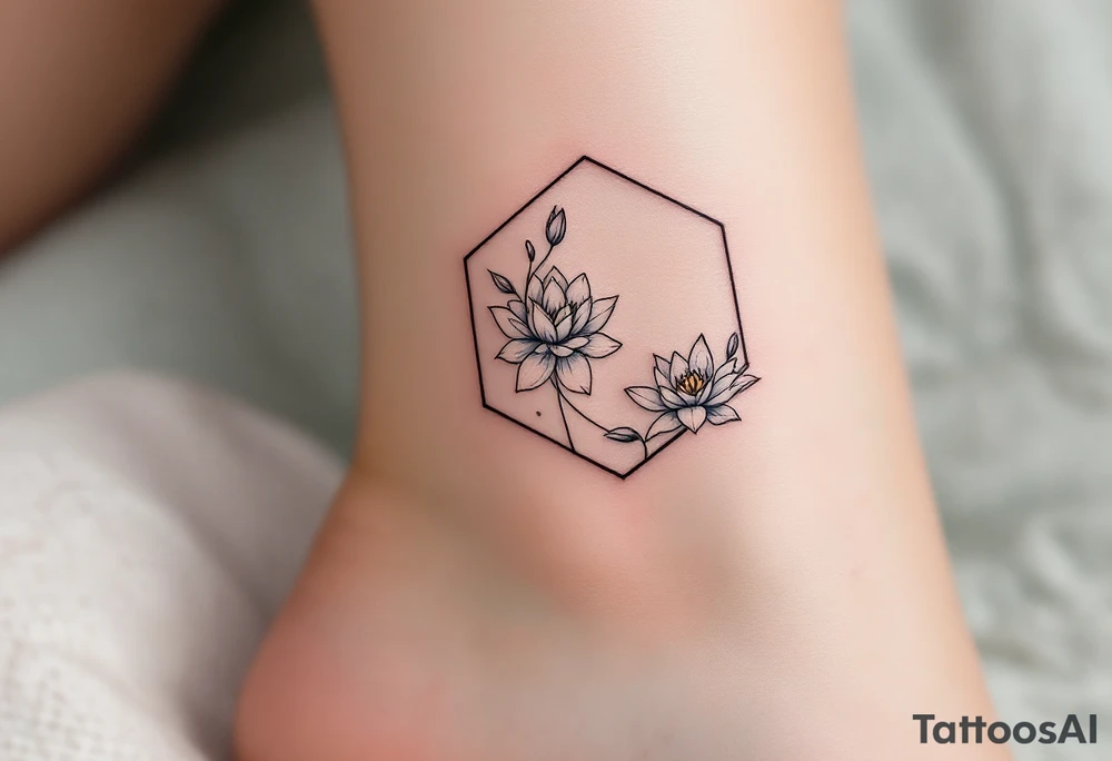 Faint Hexagon with Leo, larkspur and water lilies in the center tattoo idea