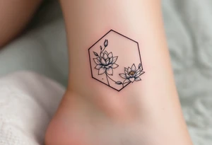 Faint Hexagon with Leo, larkspur and water lilies in the center tattoo idea