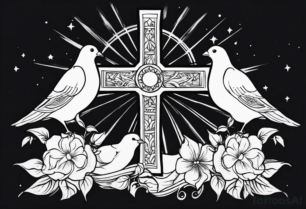 Cross with doves and rays of a sun with the date 08/21/2024 tattoo idea