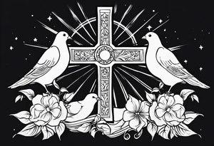 Cross with doves and rays of a sun with the date 08/21/2024 tattoo idea