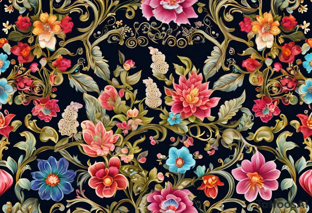 intricate and artistic arrangement of flowers and ornamental patterns that come together to form the shape of human lungs. The design should have a balance of delicacy and detail, with vibrant floral elements seamlessly intertwining to mimic the structure of the lungs, including the bronchi branching into floral motifs. Incorporate subtle shading and depth to give the tattoo a dynamic and organic feel, while maintaining elegance and symmetry tattoo idea