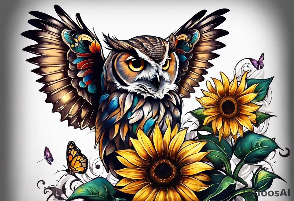 Owl with butterfly and sunflower tattoo idea