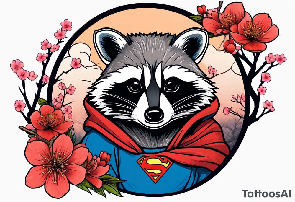 Raccoon wearing a Superman hoodie and Japanese cherry blossoms tattoo idea