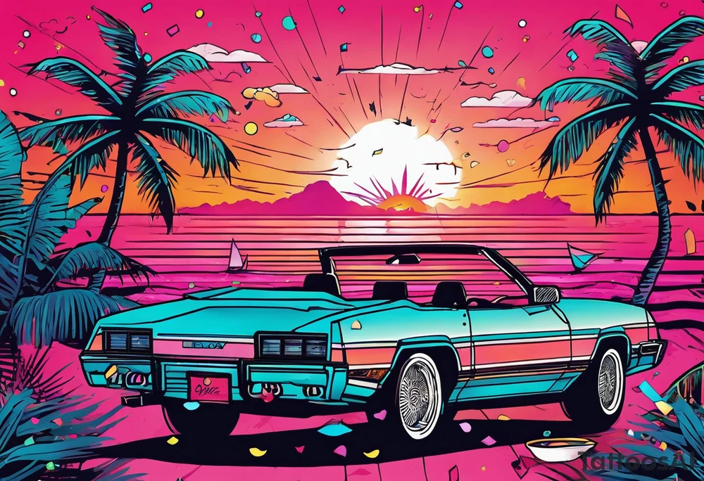 1980's miami vice style beach dance 
party, include confetti, music notes, boom box, bikinis sunset in the center tattoo idea