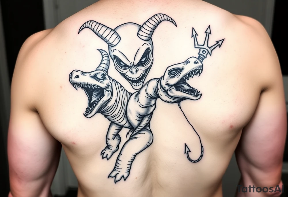 An insane human with alien eyes and the devils trident riding a turtle who has a giant open mouth and long teeth with ram tattoo idea