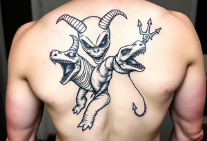 An insane human with alien eyes and the devils trident riding a turtle who has a giant open mouth and long teeth with ram tattoo idea