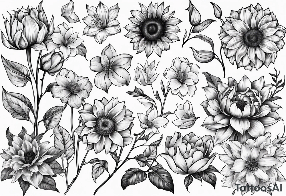 One each sunflower, lily, peony, cherry blossom and tulip tattoo idea