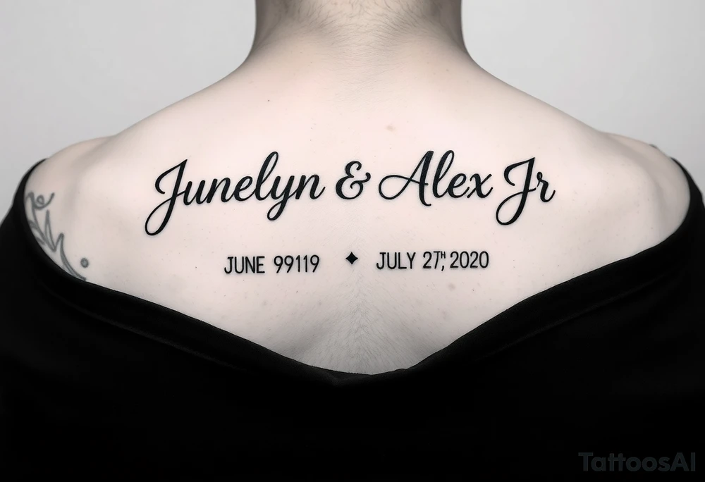 Junelyn & Alex Jr in cursive font & the dates June 9th 2019 & July 27th 2020 in roman numerals tattoo idea