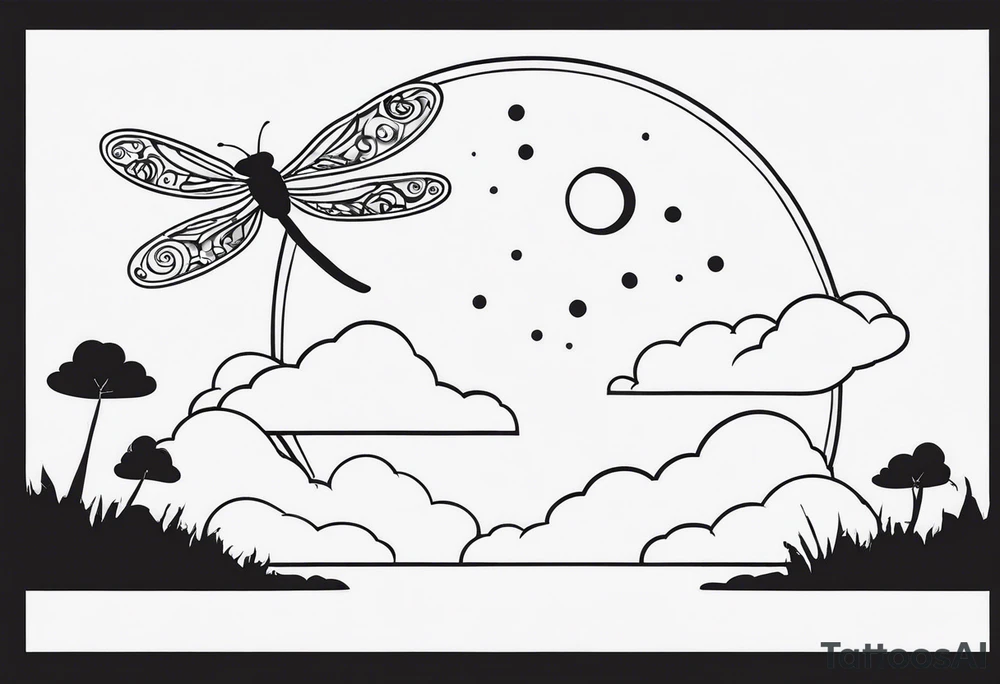 Small cloud and sun with small dragonfly tattoo idea