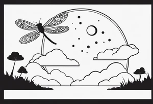 Small cloud and sun with small dragonfly tattoo idea