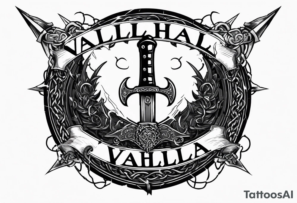 Valhalla sword round
shield axe barbed wire chains dark cloud lightning tattoo idea