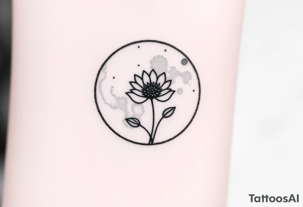 Small black and white tattoo full moon with small chrysanthemum and tiny scorpio gliph inside moon tattoo idea