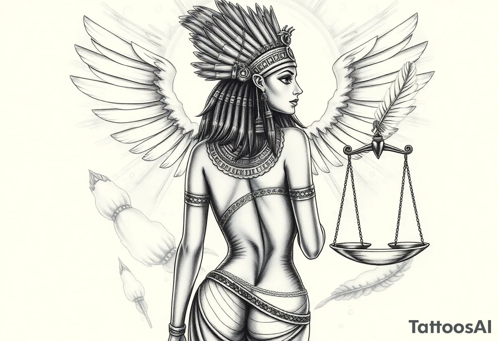 Sexy Egyptian goddess with a curvy body, slightly turned So you can see her ass. She is wearing an ostrich feather headdress, and intricate ancient Egyptian jewelry. Background includes something similar to heaven. Incorporate the Scales of Justice—one side holding a heart, the other Ma’at’s feather—glowing with ethereal energy. Emphasize dramatic lighting, deep shadows, and surreal, mystical atmosphere tattoo idea