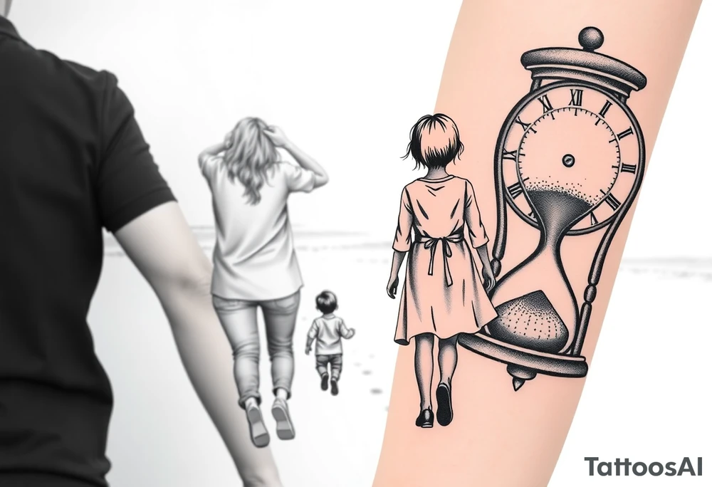 My girlfriend and I with our two children, a slightly older boy and a little girl walking with her back towards the horizon.

2. Hourglass:

Integrate an hourglass into the tattoo

The sand could flow, forming footprints or memories.

Place an old clock in the background or integrated into the hourglass tattoo idea