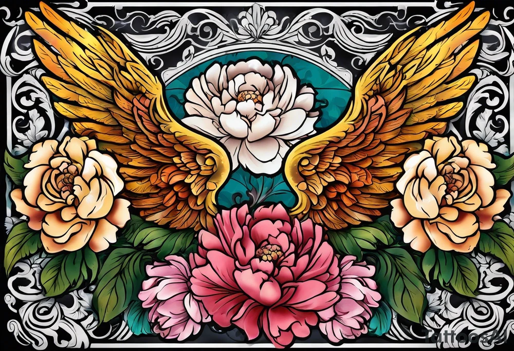 beautiful angel wings with colorful, peonies. beautiful flilligree in the background , full color, traditional old school tattoo idea