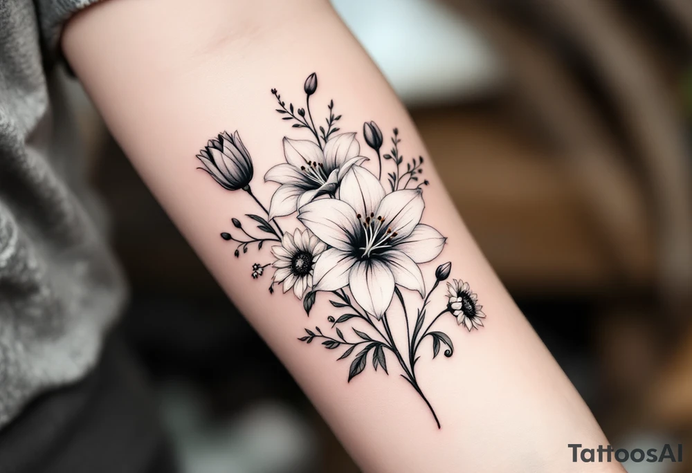 Stargazer lillies with small sunflowers and tulip buds in a dainty wildflower bouquet with stems tattoo idea