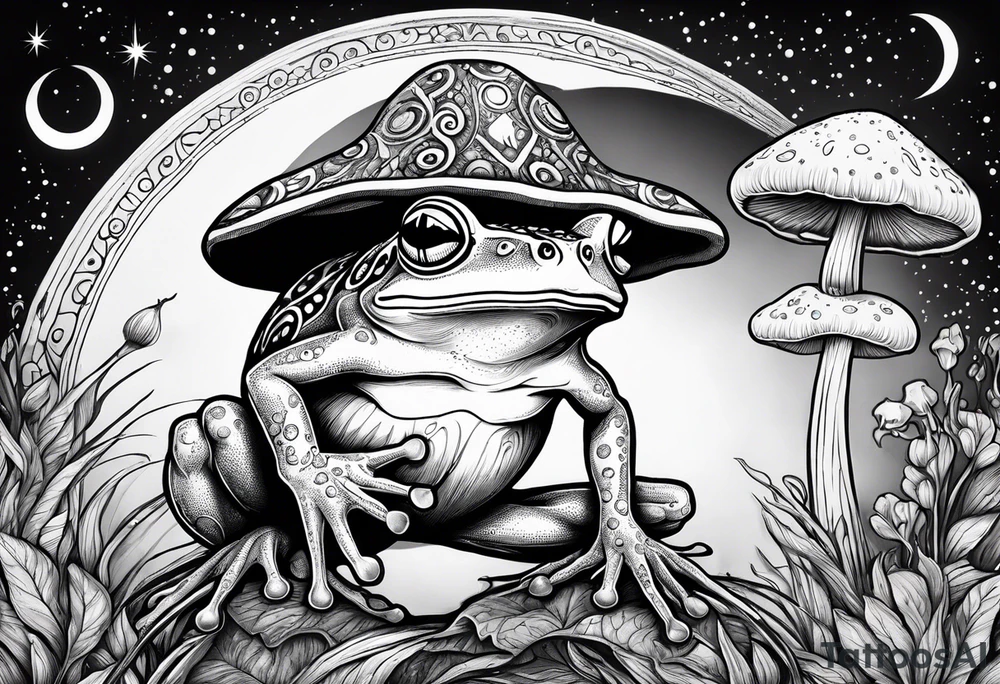 dancing humanoid frog under the moon mushroom in the Background mystical tattoo idea