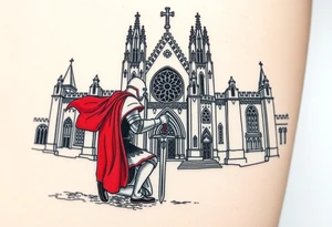 A knight kneeling before a grand Gothic cathedral, his sword planted into the ground, his white and red surcoat flowing in the wind tattoo idea