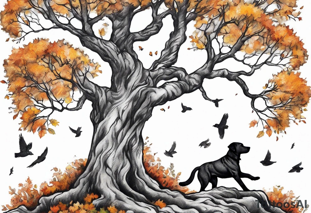 Autumn tree with medium grey brindle dog sitting to the right looking up at it and birds flying out the top of it tattoo idea