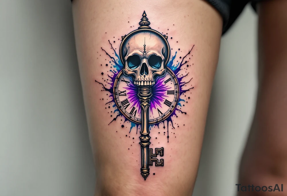 A skeleton key inserted into an antique clock, unlocking a burst of blue and purple tattoo idea