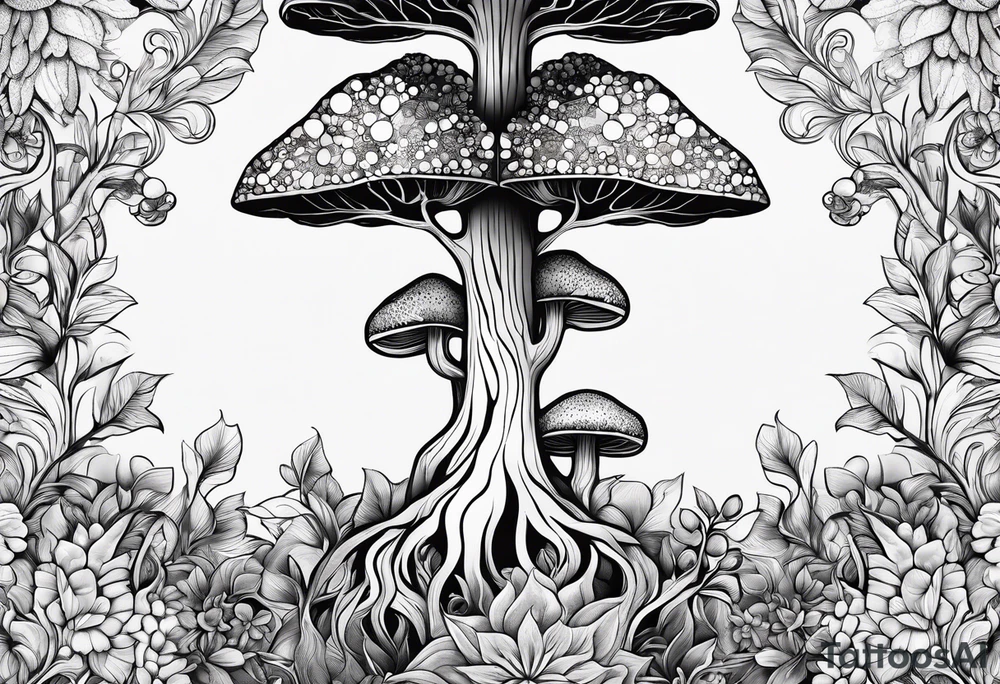 feminine psilocybin molecule made out of a tree and flowers tattoo idea